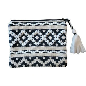 Chicosoleil Women's Large Woven Boho Cosmetics Pouch/Clutch, Black/Cream/White